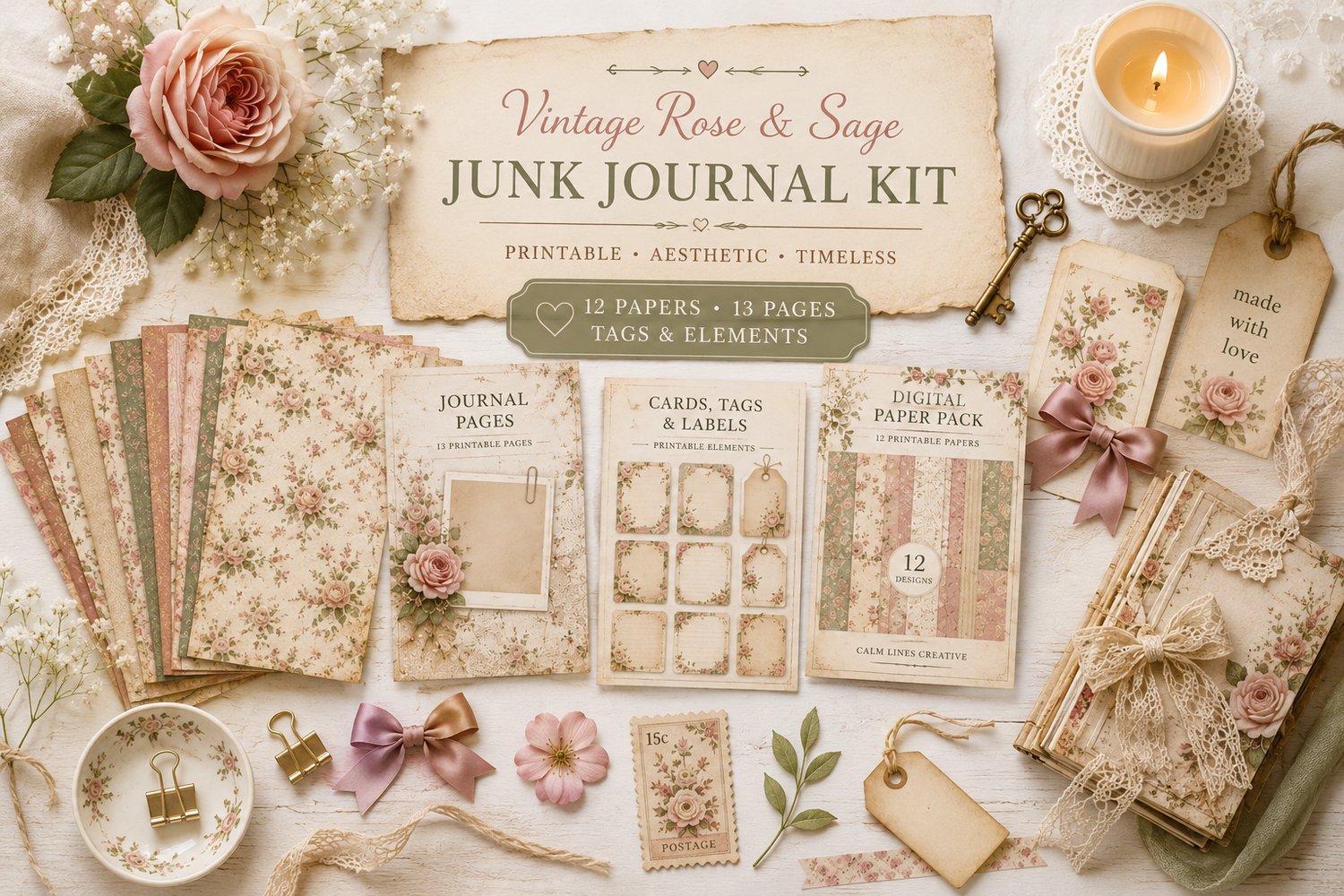 Vintage Rose & Sage printable junk journal kit mockup with scrapbook papers, journal pages, cards, tags and floral ephemera
