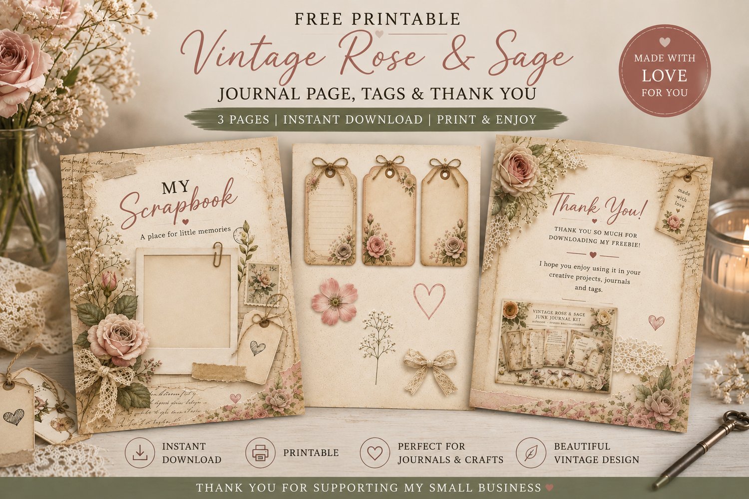 Vintage Rose and Sage free printable journal page with floral tags and thank-you card
