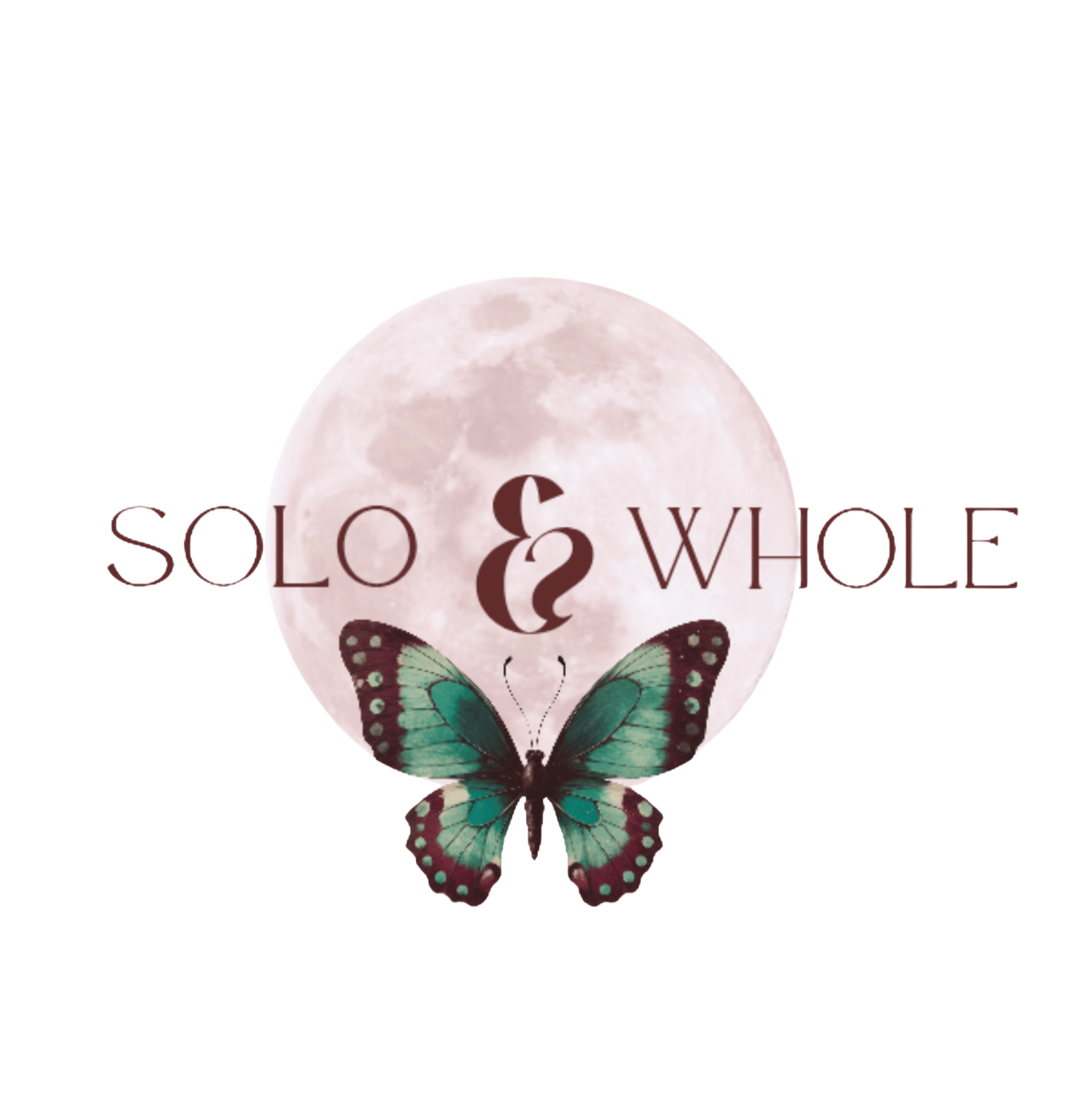 solo and whole brand logo with pink moon and butterfly for women's independence, wellness, and self worth.