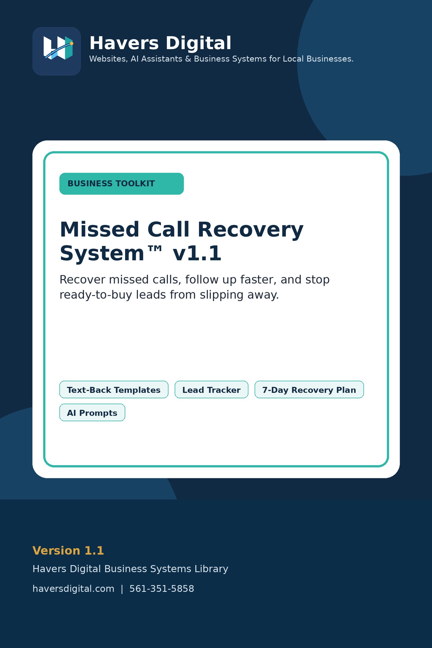 Havers Digital Missed Call Recovery System digital toolkit cover with missed call guide, workbook, text-back templates, AI companion, and 7-day recovery plan.