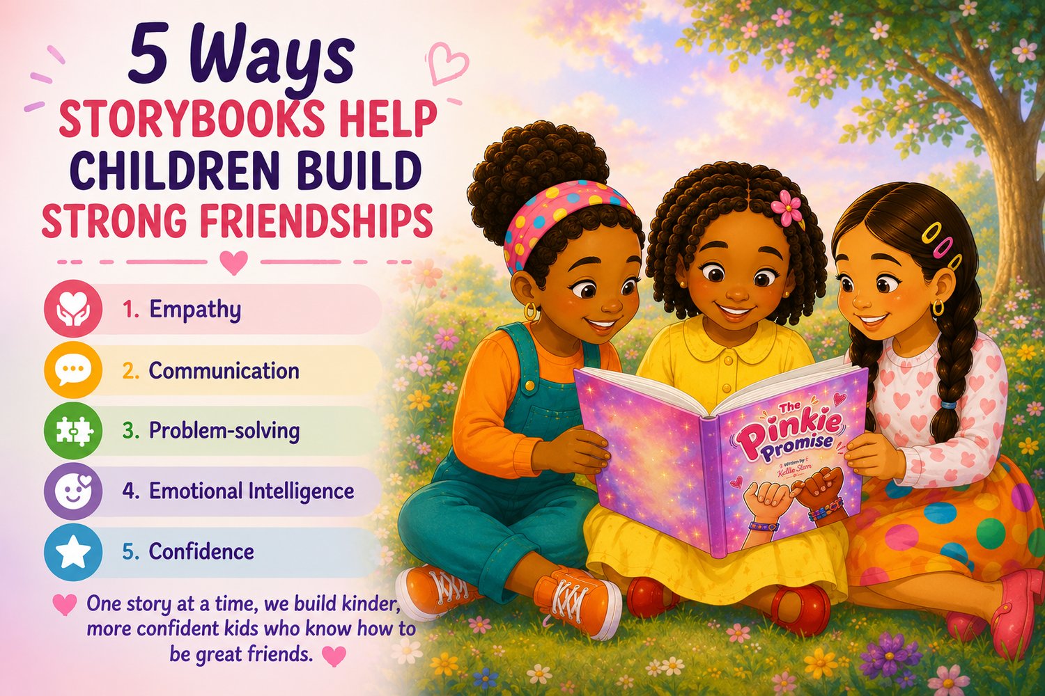 Three children read The Pinkie Promise together while exploring how storybooks help build empathy, communication, confidence, emotional intelligence, and problem-solving skills through friendship.