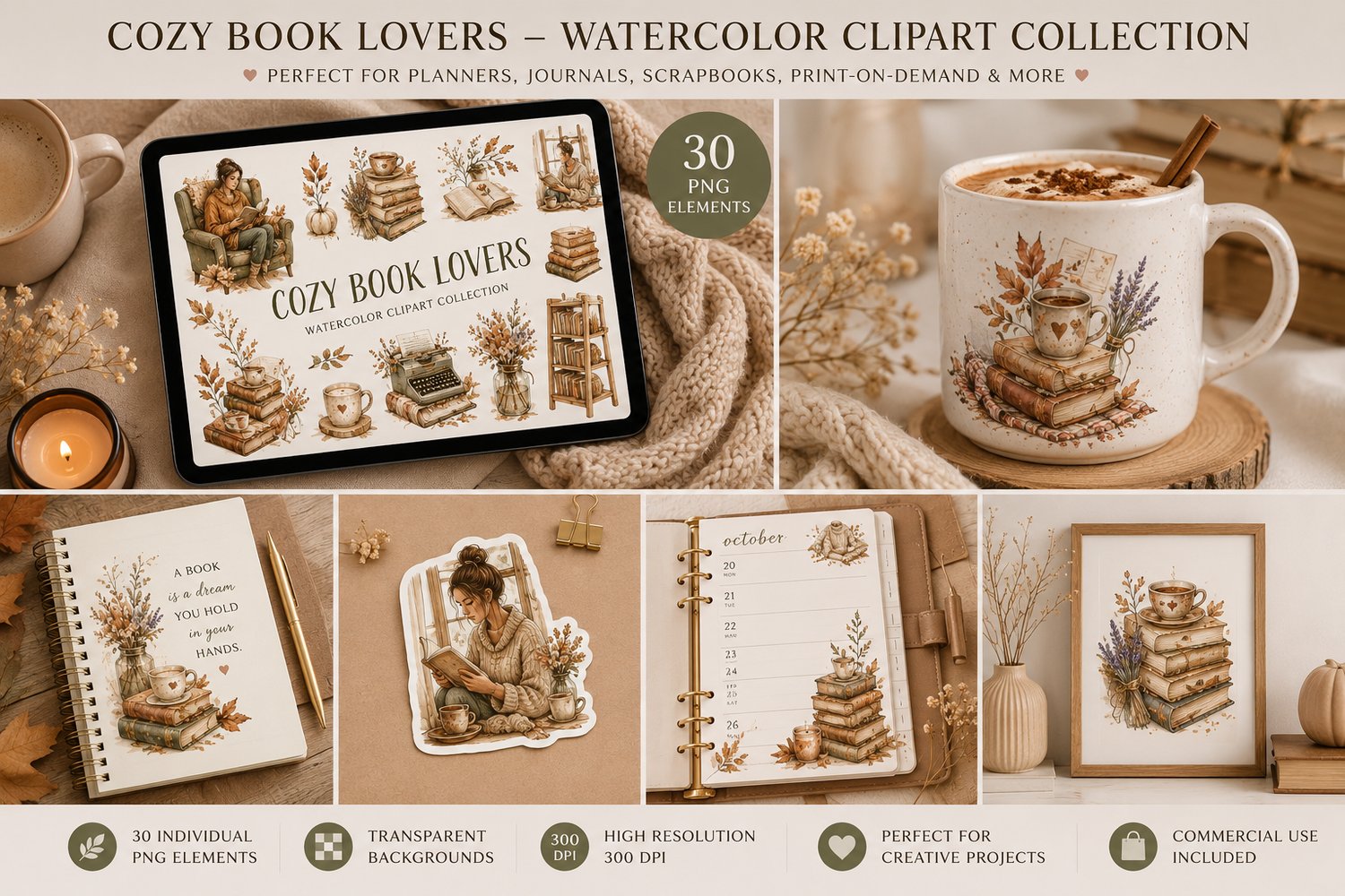 Cozy reading watercolor PNG elements displayed as printable cards and stationery