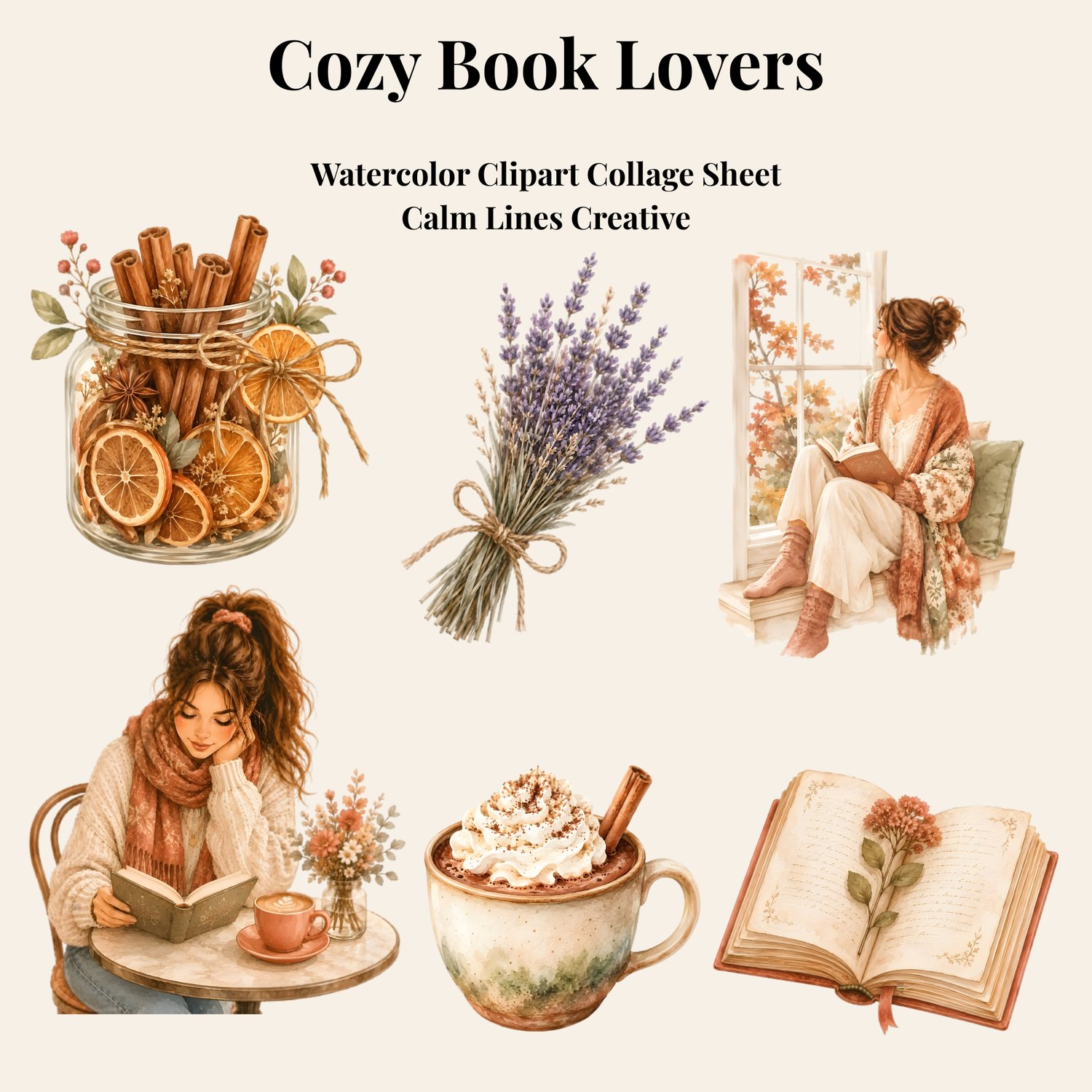 Watercolor book lover clipart elements with coffee, books, florals and cozy reading scenes