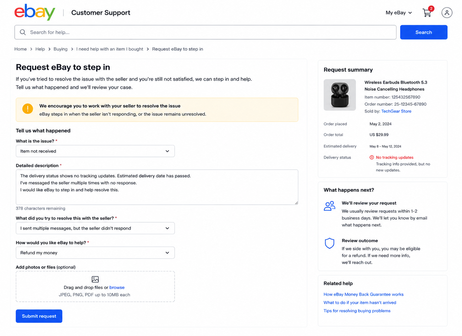 buyer requesting eBay to step in after unresolved order issue