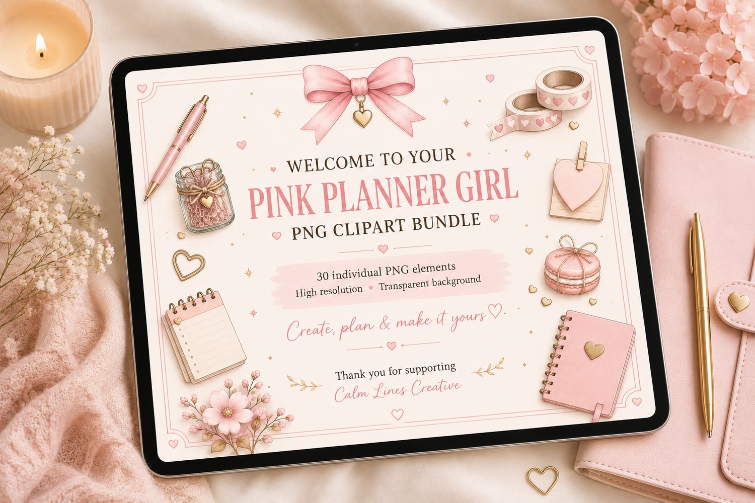 Tablet mockup displaying the Pink Planner Girl PNG Clipart Bundle with feminine planner elements