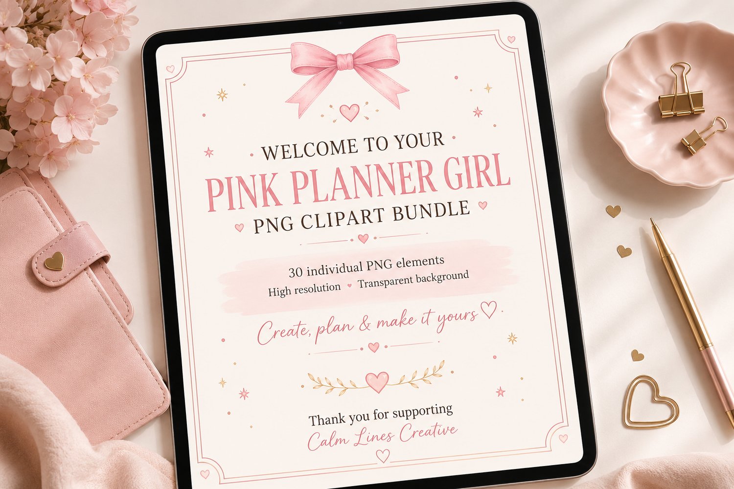 Pink Planner Girl PNG Clipart Bundle preview on tablet with pink stationery and floral details