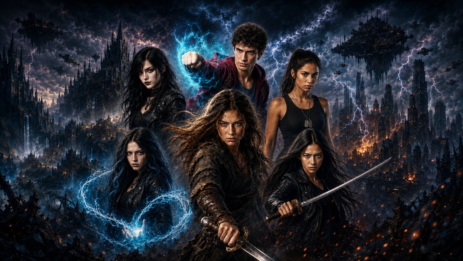 Wide cinematic banner showing six fierce young heroes posed against a storm-dark fantasy and sci-fi cityscape. At the center, a determined woman in rugged armor thrusts a sword forward. Around her stand a goth-styled dark-haired woman, a curly-haired youn