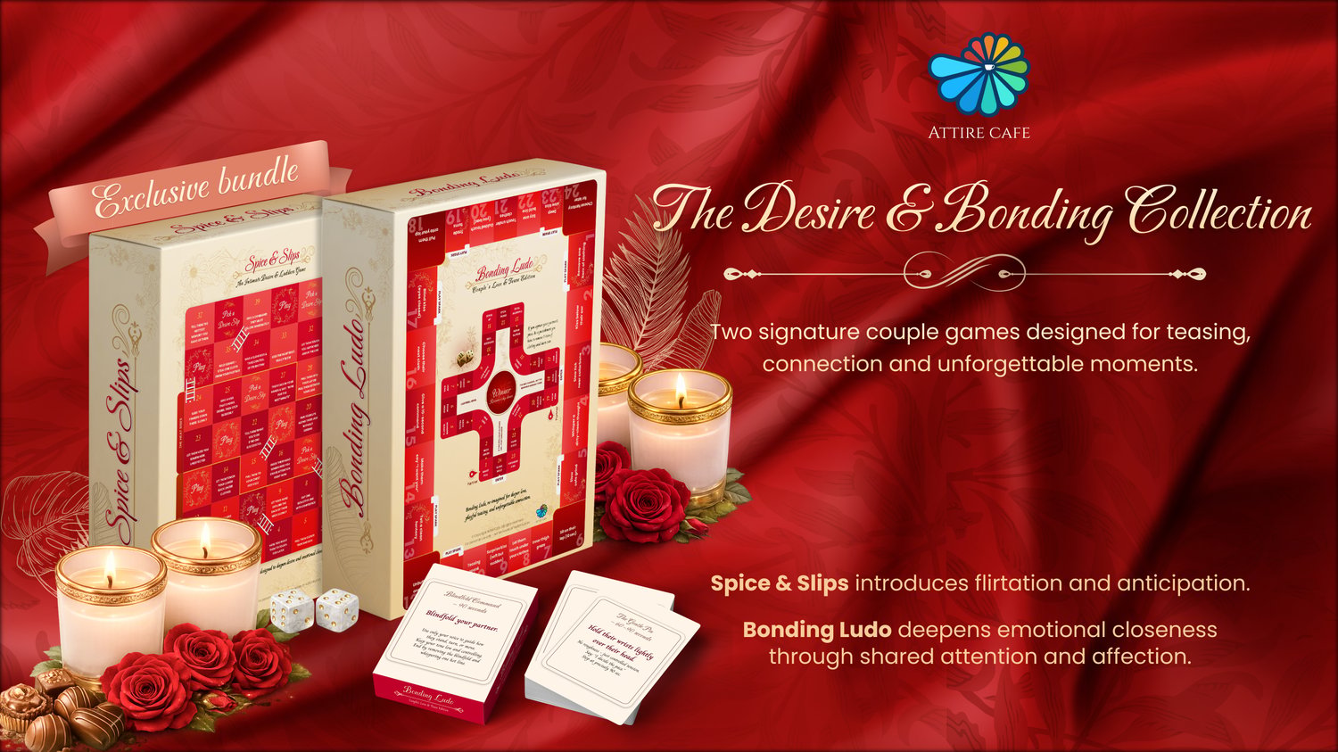 Attirecafe bundles. The desire & bonding collection. intimacy board game and couple bonding.