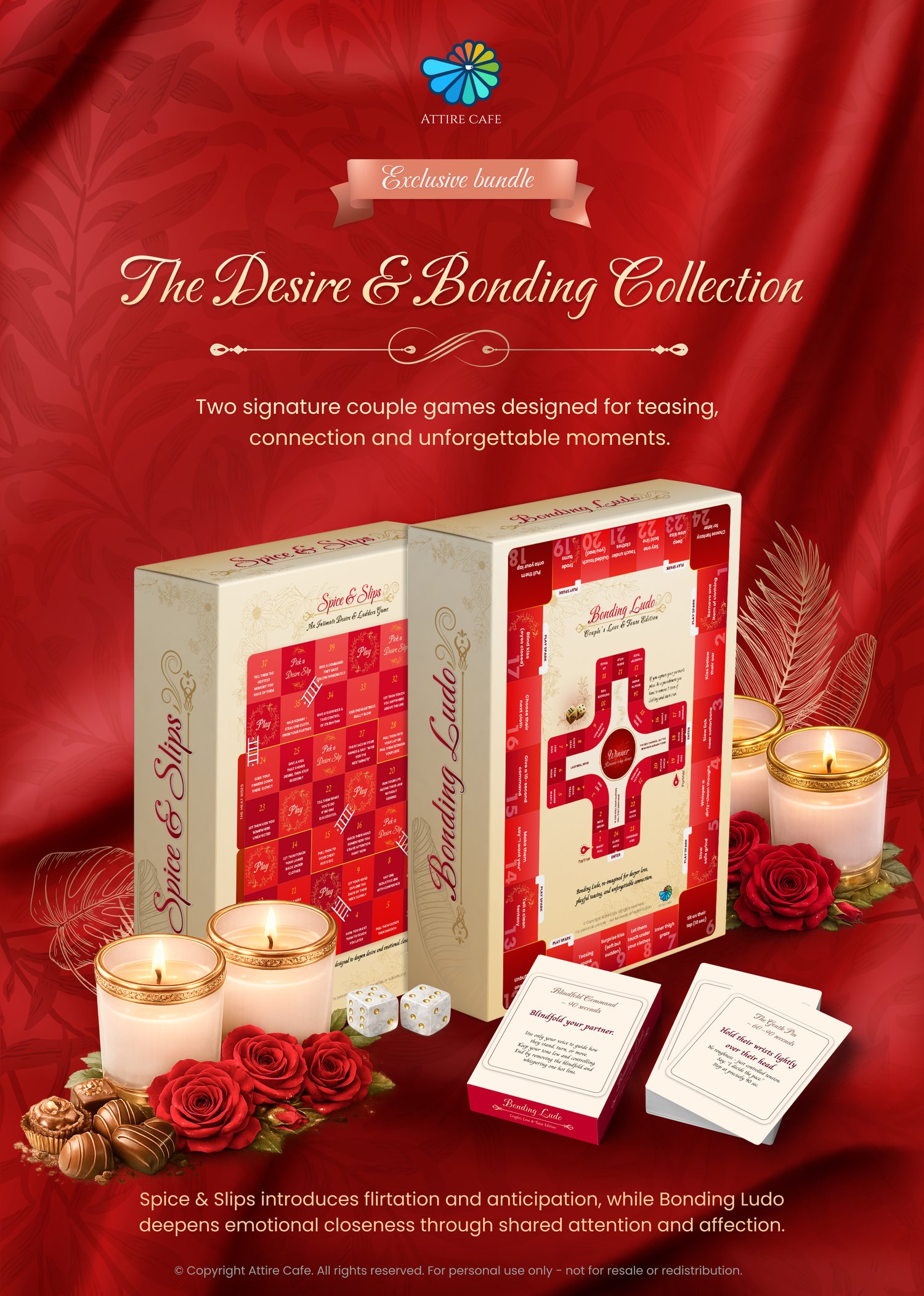 Attirecafe bundles. The desire & bonding collection. intimacy board game and couple bonding.