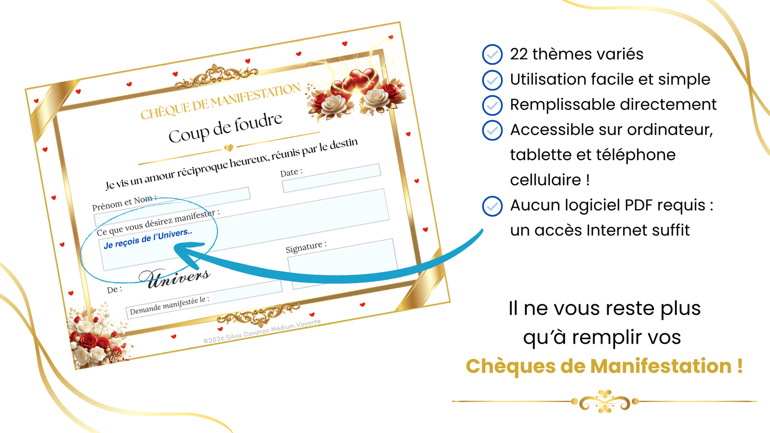 22 Chèques de Manifestation en PDF pour attirer l'amour et des relations profondes et sincères. Créés par Silvia Davanzo, Médium.Voyante. Téléchargement immédiat.
