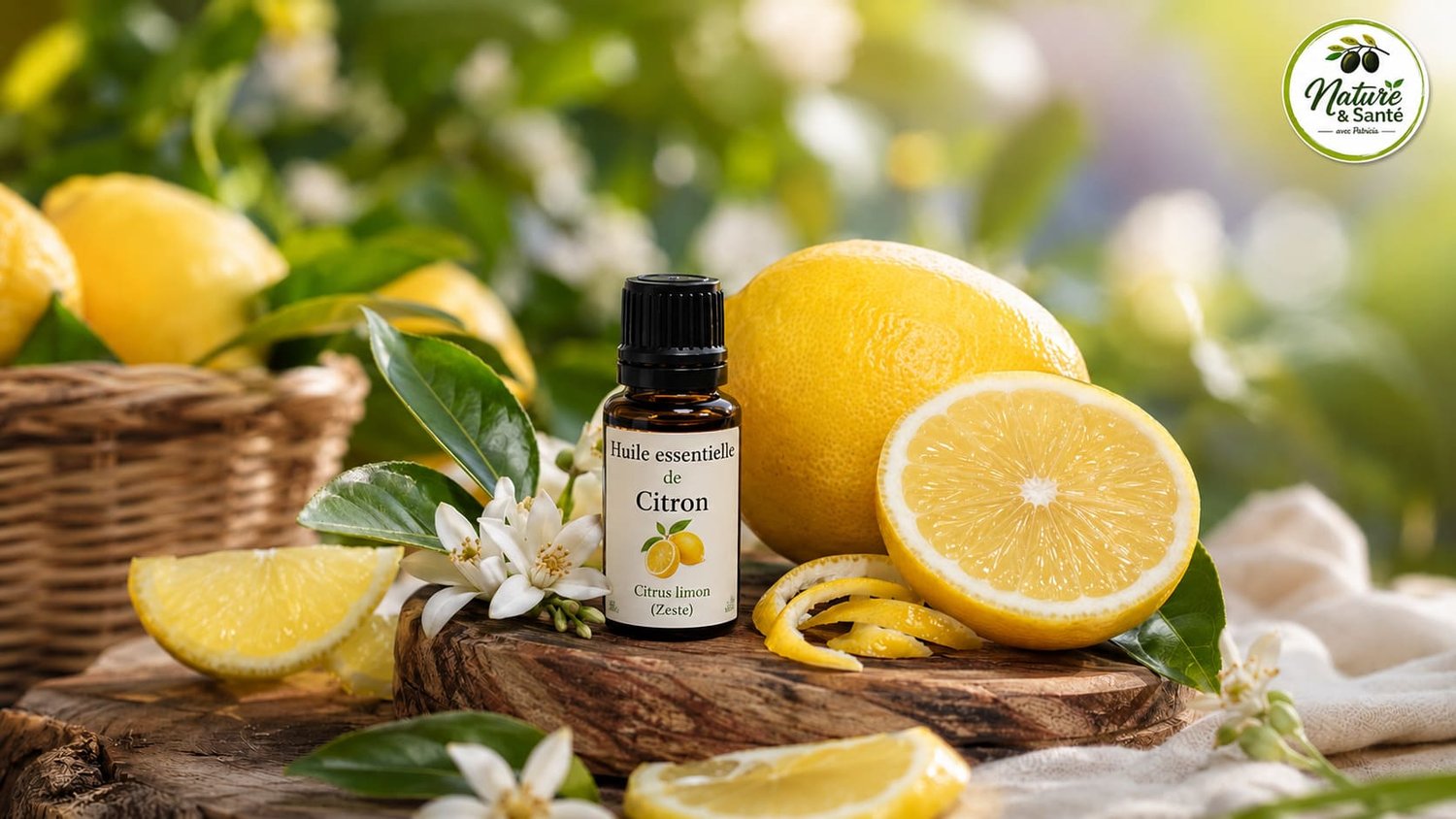 Huile essentielle de citron (Citrus limon) entourée de citrons frais et de fleurs de citronnier, illustrant ses bienfaits traditionnels en aromathérapie.