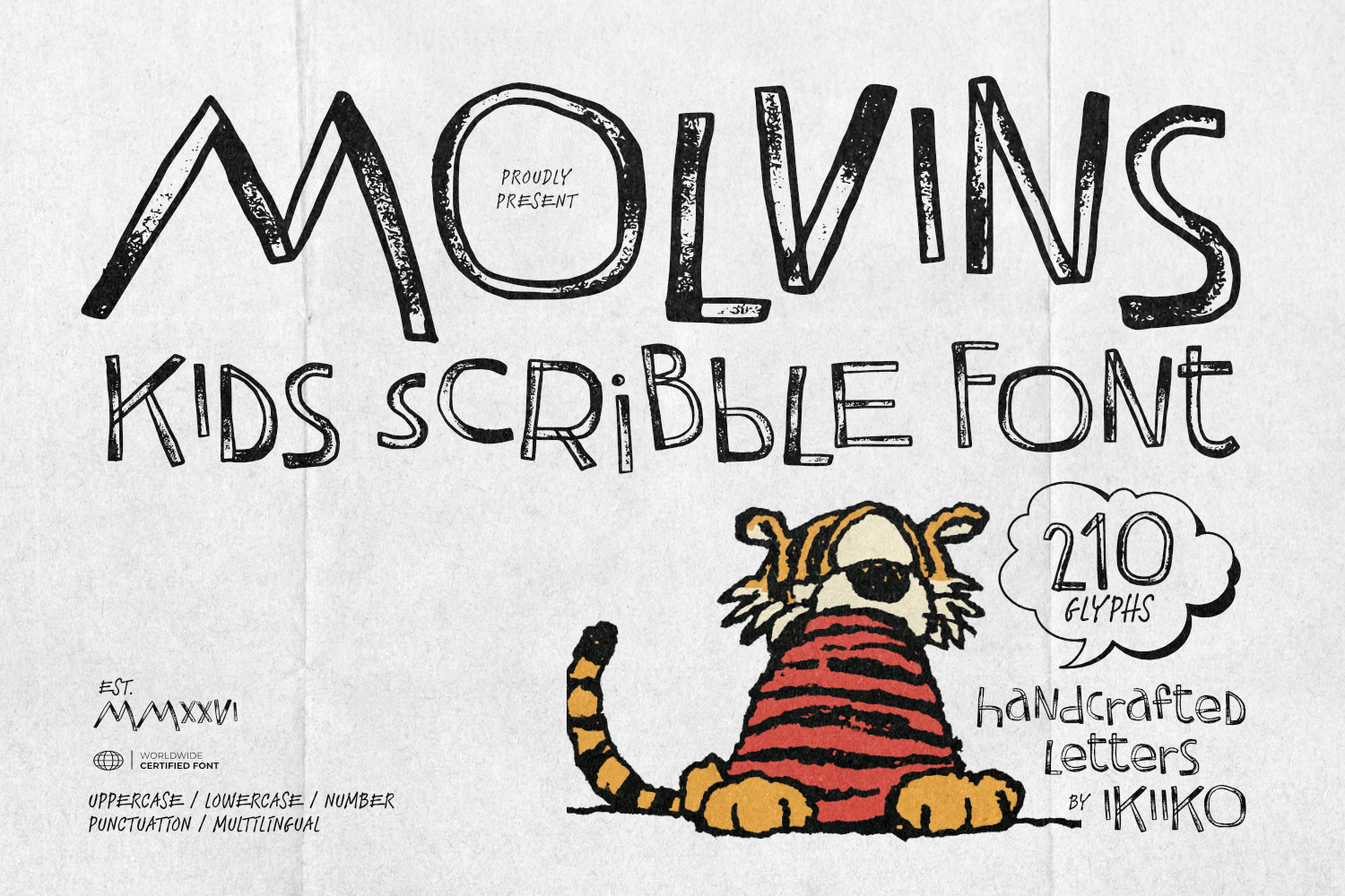 Molvins Kids Scribble Font featuring handcrafted organic rough lettering with playful cartoon style, perfect for childrens books and comic designs