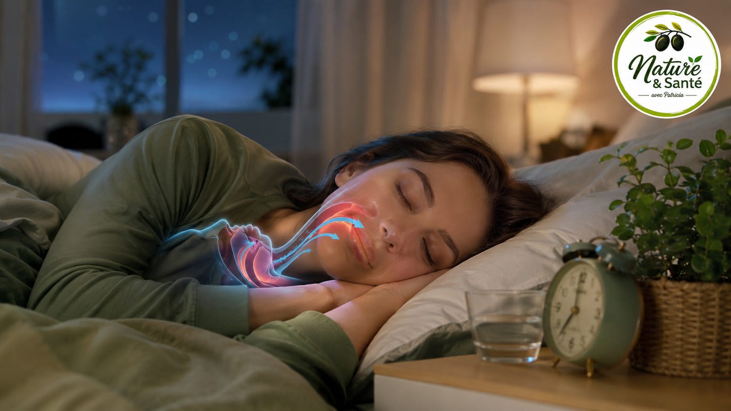 Personne dormant paisiblement avec illustration des voies respiratoires, représentant l'apnée du sommeil et les solutions naturelles favorisant un sommeil réparateur.