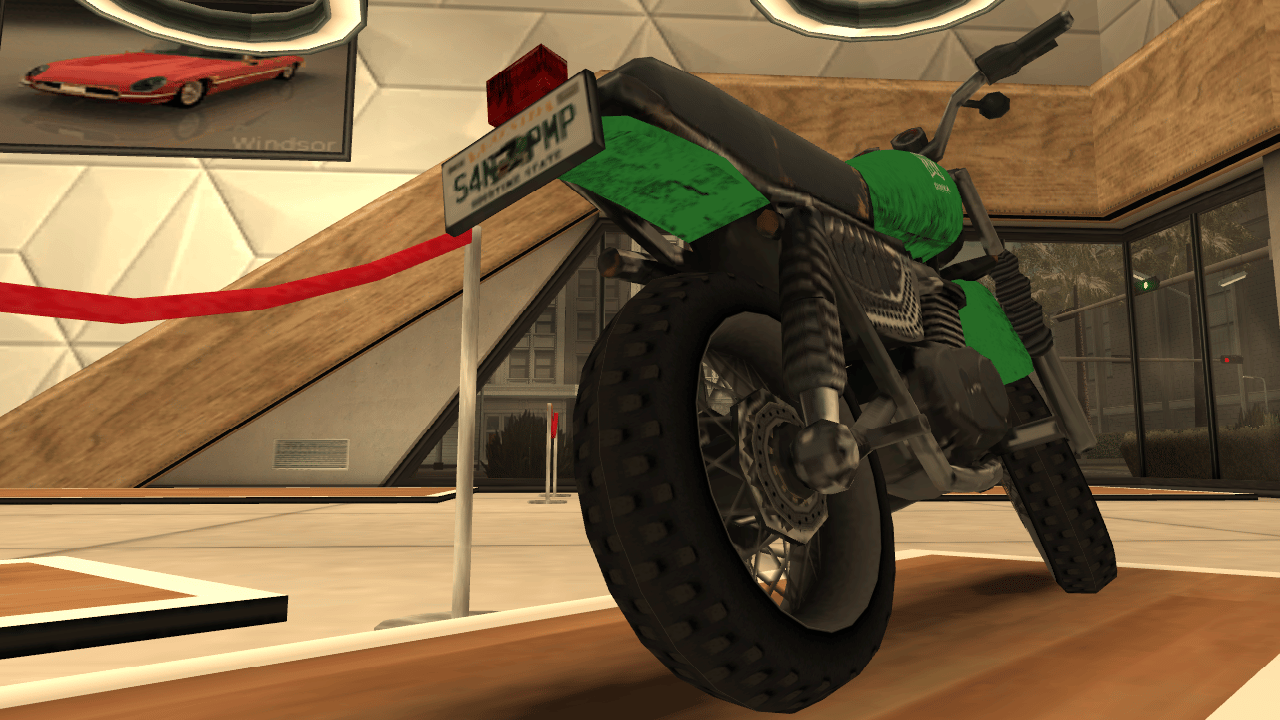 Low-angle view of the GTA VI Dinka Enduro motorcycle in GTA San Andreas