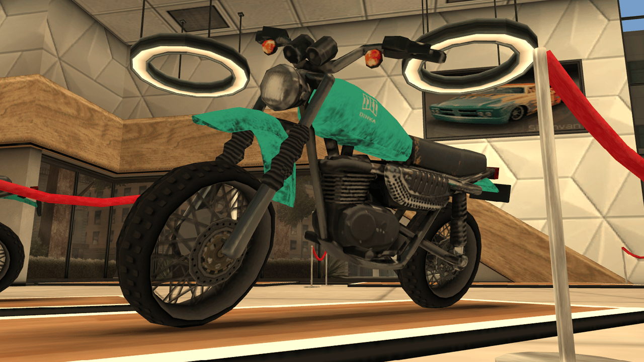 Front right view of the Dinka Enduro motorcycle mod inspired by GTA VI for GTA San Andreas