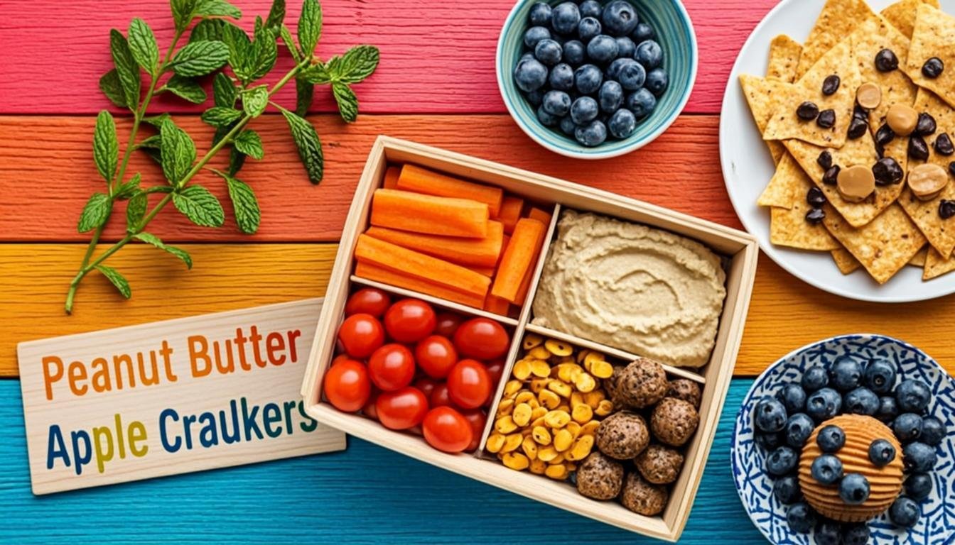 An open tablet displaying a vegan snack recipe guide on a wooden counter surrounded by fresh berries, crackers, energy bites, and vegetables, representing the long-term wellness benefits of plant-based snacking and a downloadable recipe resource.