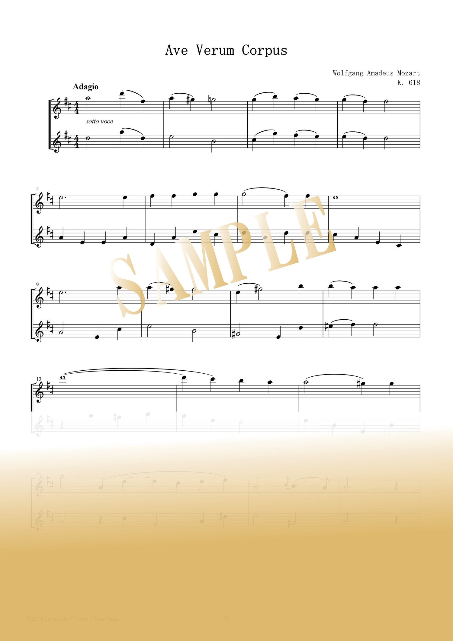 Sample page from Ave Verum Corpus by Mozart – flute duet score for two flutes