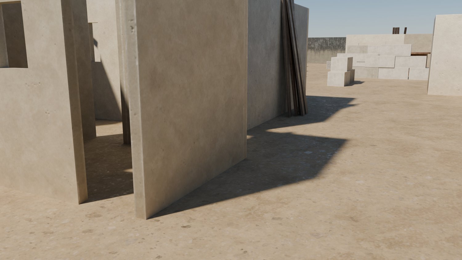 Modular FPS asset kit including walls, barrels, scaffolding and props