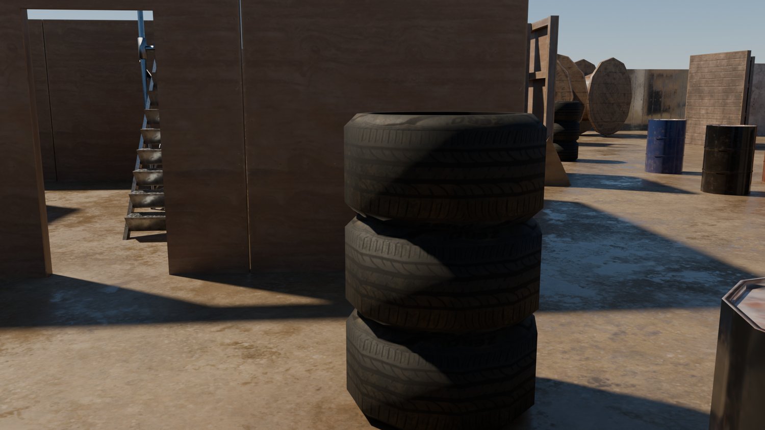 Modular FPS asset kit including walls, barrels, scaffolding and props