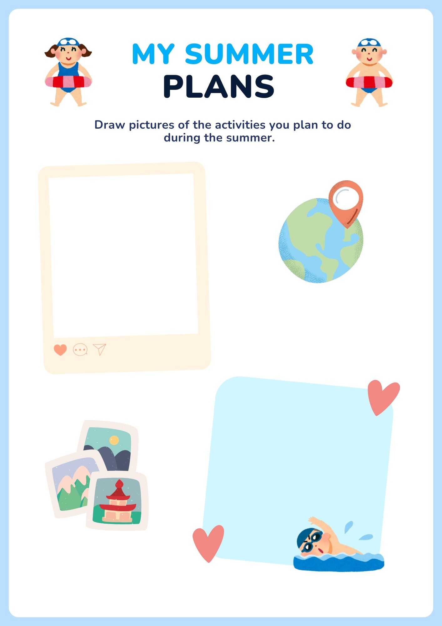Creative summer planning worksheet for kids with drawing spaces to illustrate summer activities, vacations, travel plans, swimming, and favorite seasonal adventures.