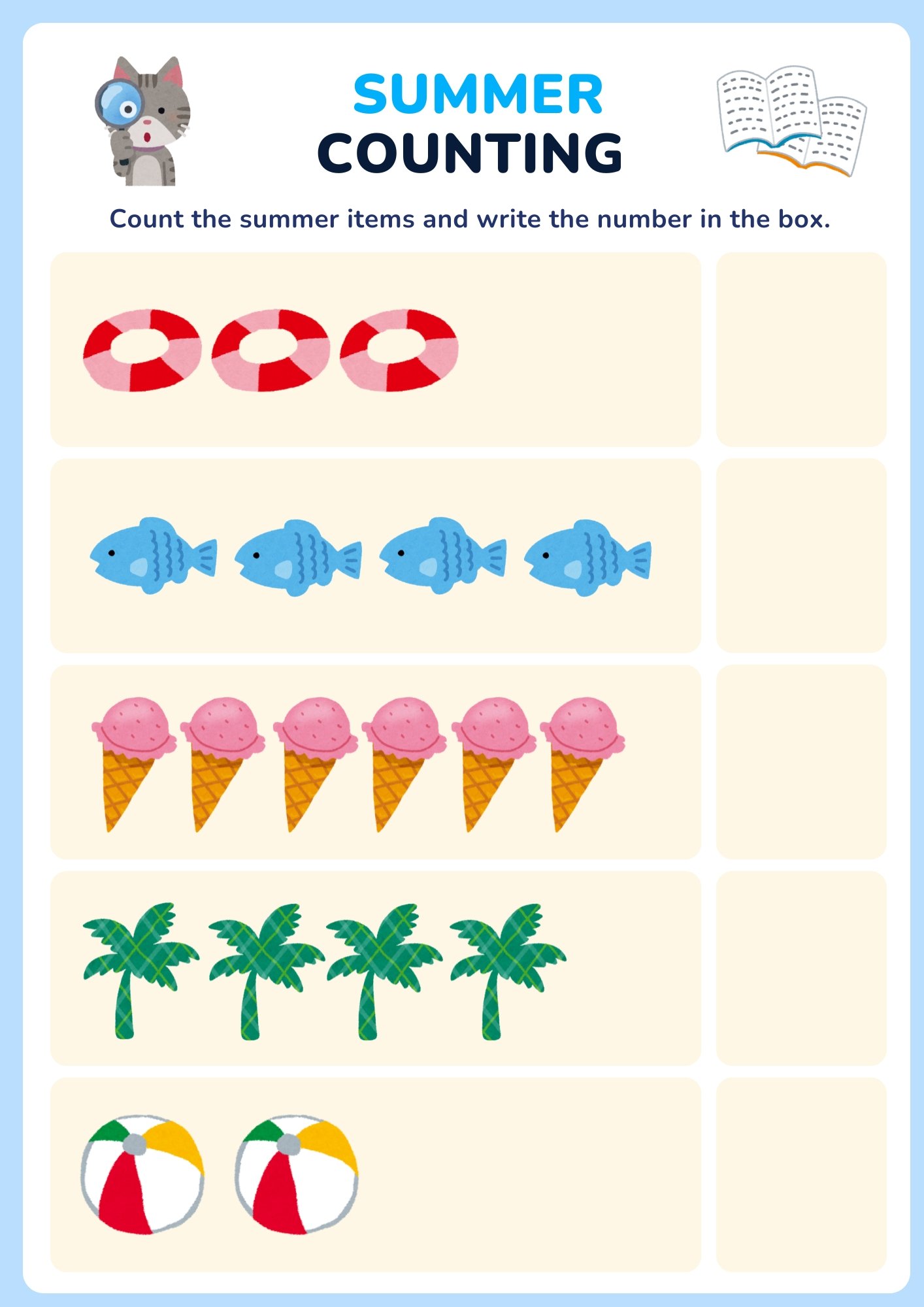 Summer counting worksheet for preschool children with swim rings, fish, ice cream cones, palm trees, and beach balls. Kids count the objects and write the correct numbers in the boxes.