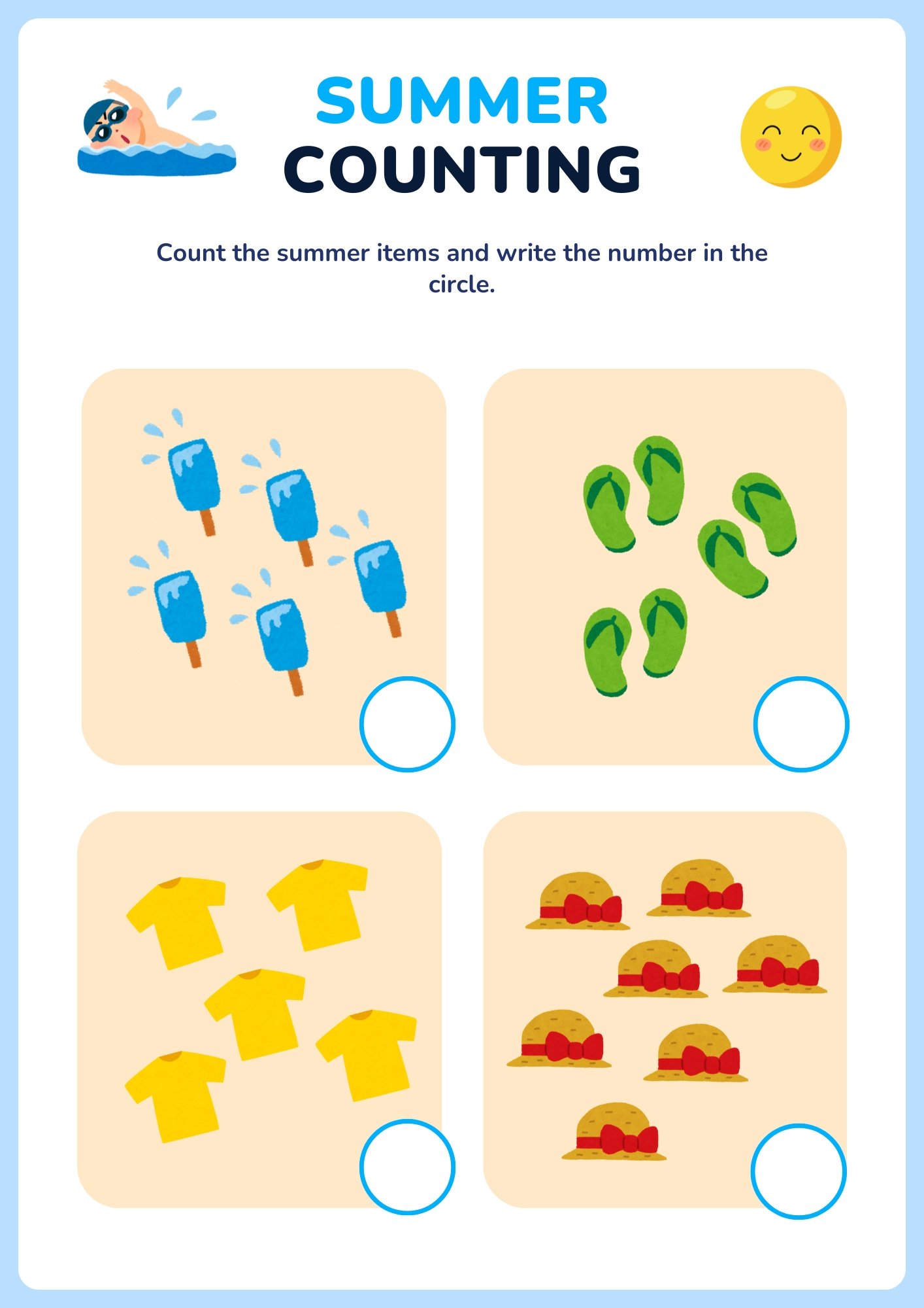 Printable summer counting worksheet featuring popsicles, flip-flops, T-shirts, and sun hats. Children count each group and write the number in the circles.