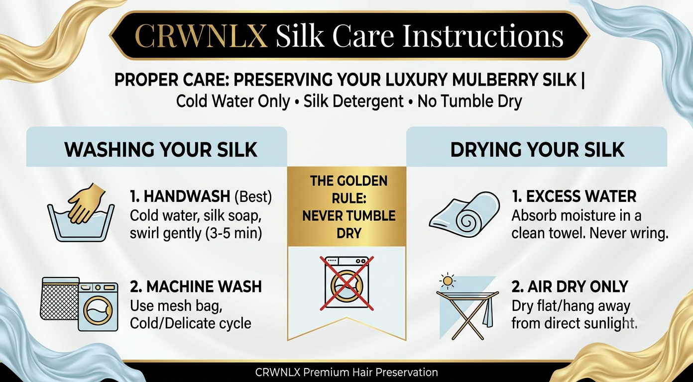 An infographic detailing CRWNLX Silk Care Instructions for Mulberry silk products. It features a clean white, gold, and light blue design with elegant silk fabric graphics in the corners. The layout is split into two main columns: "Washing Your Silk," which lists instructions for handwashing (best method using cold water and silk soap) and machine washing (using a mesh bag on a cold/delicate cycle); and "Drying Your Silk," which details removing excess water with a towel and air drying away from direct sunlight. Centered prominently is "The Golden Rule: Never Tumble Dry" accompanied by a crossed-out washing machine icon. The top banner reads "CRWNLX Silk Care Instructions: Preserving Your Luxury Mulberry Silk" and the bottom is branded with "CRWNLX Premium Hair Preservation".