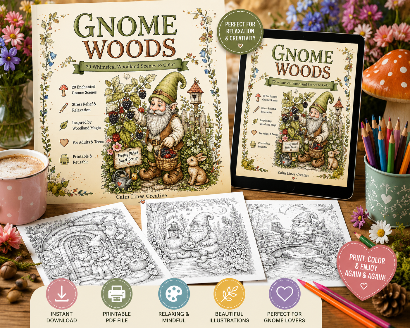 Gnome Woods printable coloring book mockup with book cover, tablet preview, detailed gnome coloring pages and instant download information.