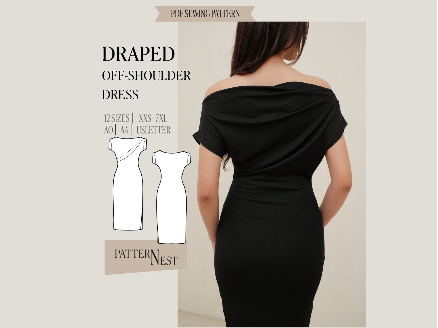 Draped Off Shoulder Dress Sewing Pattern, Instant download Pdf A4, AO