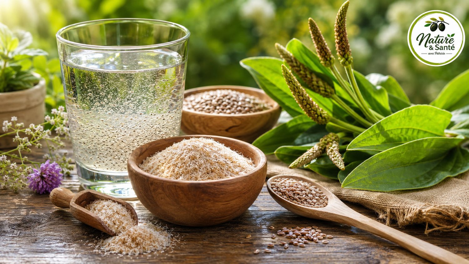 Psyllium blond en téguments avec ses graines dans une ambiance naturelle illustrant les bienfaits de cette fibre alimentaire pour le transit intestinal et le microbiote