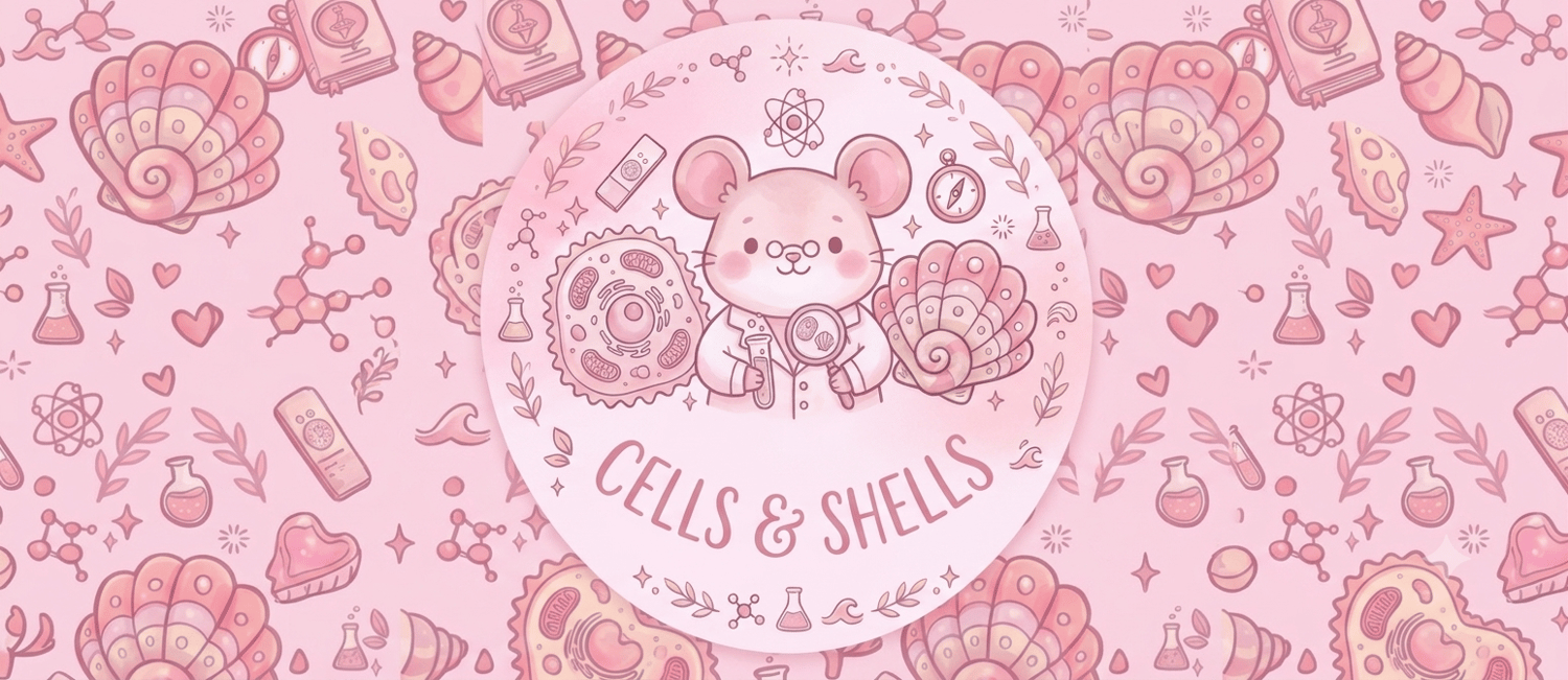 Logo for cells ans shells science store with cute science images
