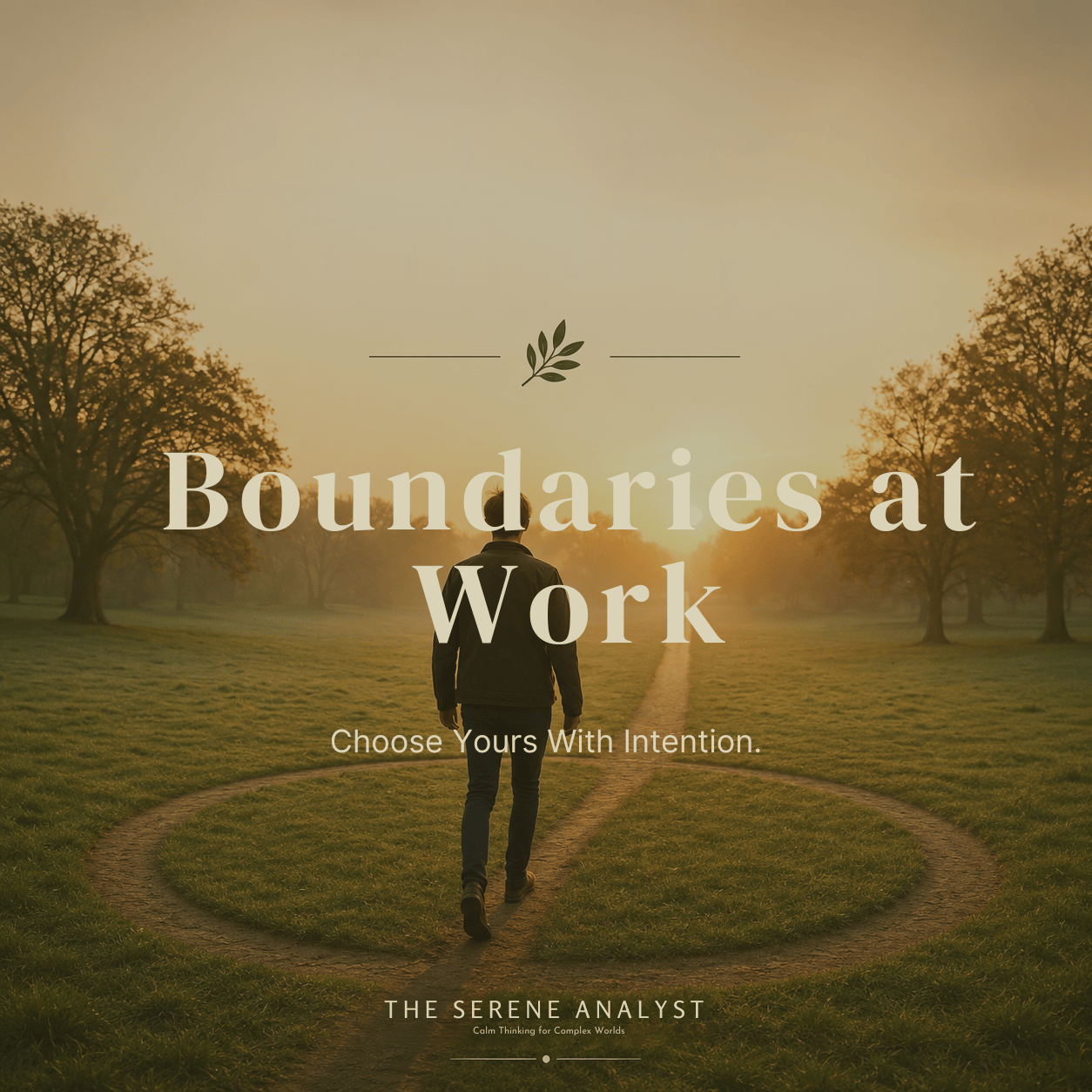 A person walks alone down a sunlit path through a misty park at sunrise, symbolizing choosing boundaries at work and starting the week with intention.  The Serene Analyst, Calm Thinking for Complex Worlds.