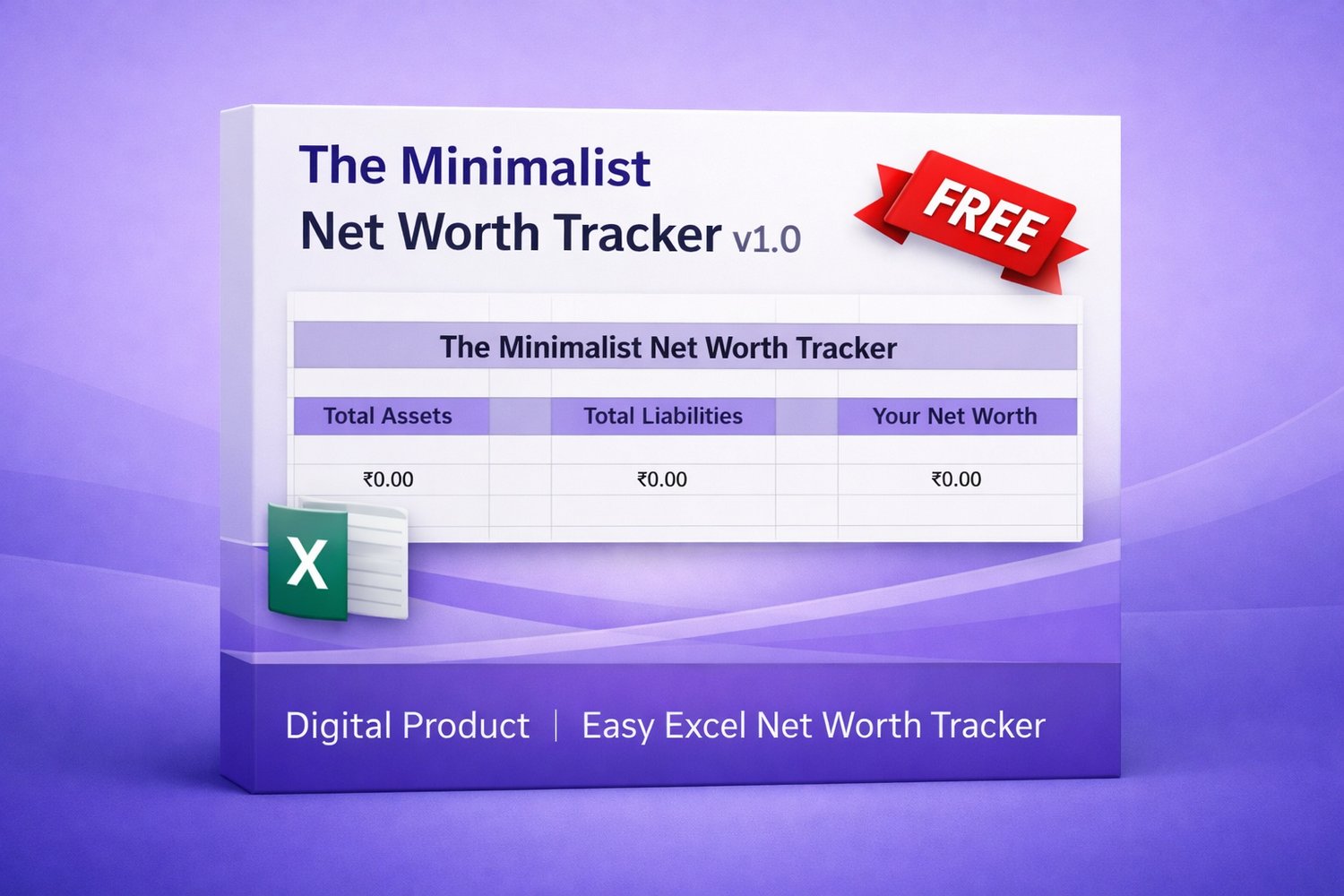 3D product box mockup for a free Minimalist Net Worth Tracker template on a clean purple gradient background. The front of the box displays a Google Sheets dashboard showing sections for Total Assets, Total Liabilities, and Net Worth with zeroed-out balan
