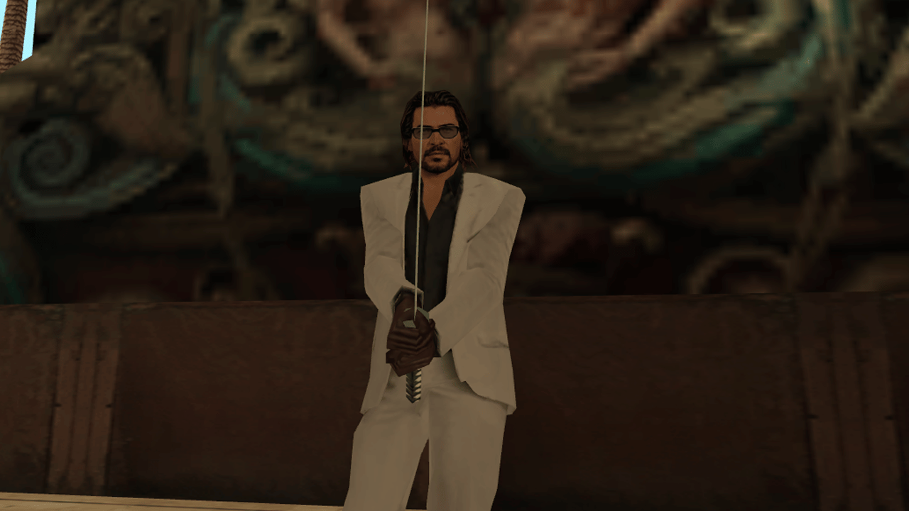 Raul Bautista GTA VI character skin holding a katana in GTA San Andreas.
