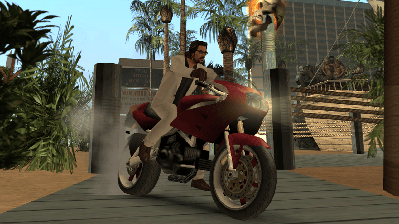 Raul Bautista from GTA VI riding a motorcycle in GTA San Andreas.