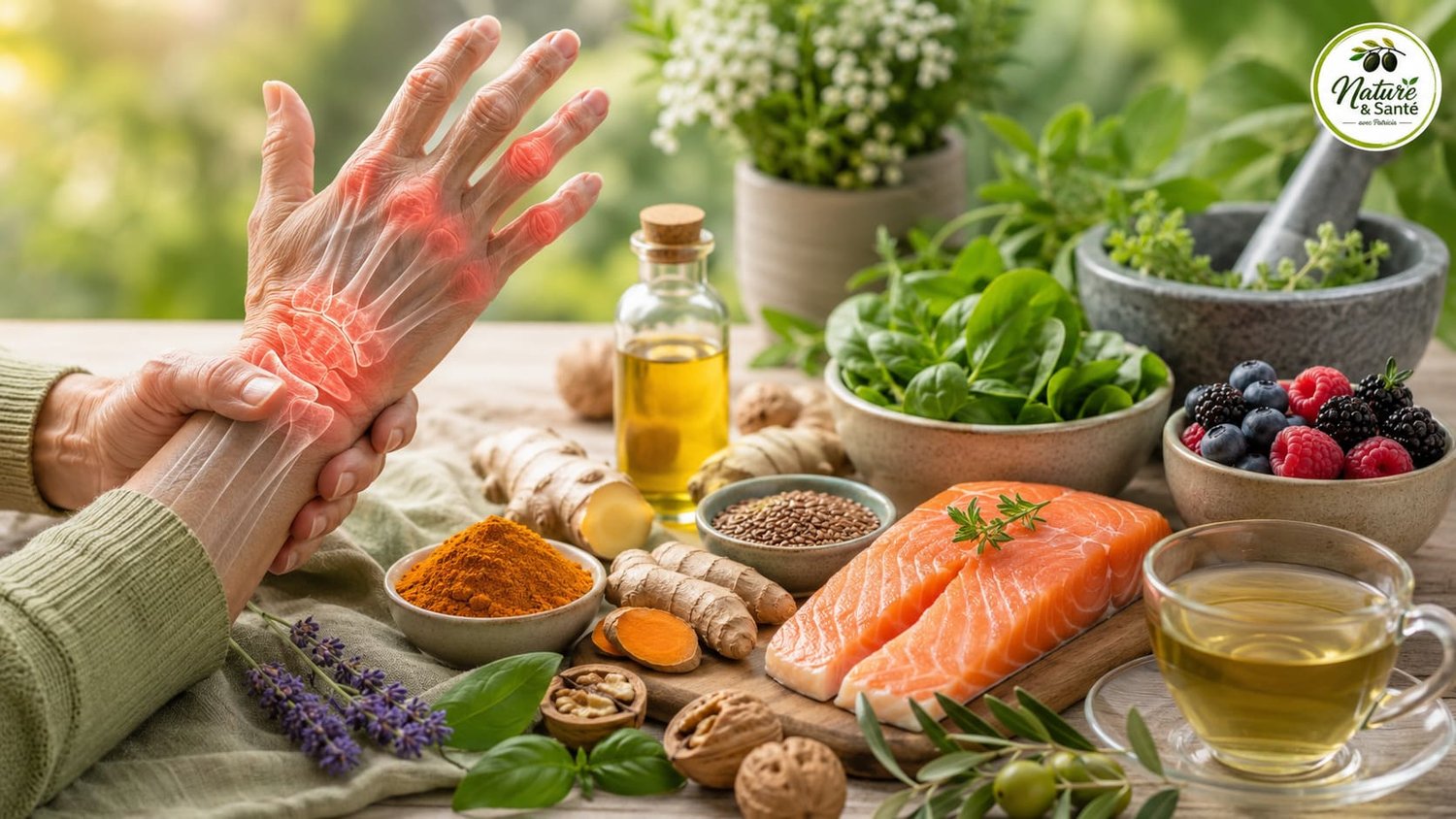 Illustration représentant les approches naturelles complémentaires de la polyarthrite rhumatoïde avec une alimentation anti-inflammatoire, des aliments méditerranéens et des mains douloureuses dans une ambiance naturelle.