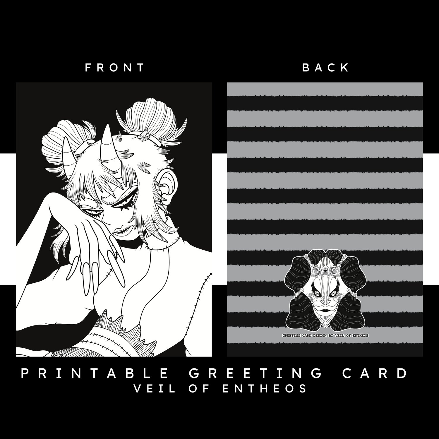 A printable greeting card by Veil of Entheos that features a demon woman that is sitting down. She has two hair buns, and two horns, and long nails.