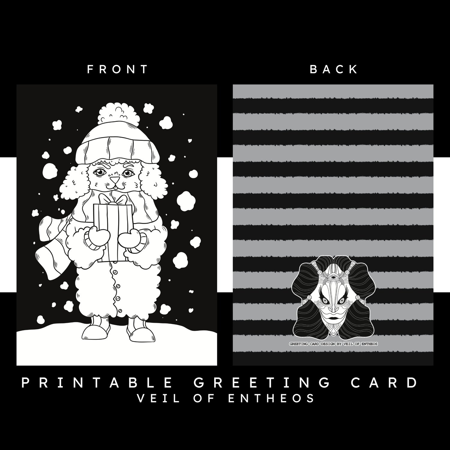 A printable greeting card by Veil of Entheos that features a dog wearing a winter outfit, standing in the snow, and holding a present.