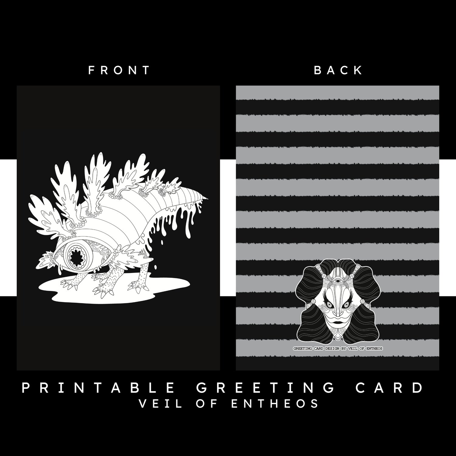 A printable greeting card by Veil of Entheos that features a monster with a single large eye, four legs, slime, and large barb like spines running across the center of its back.