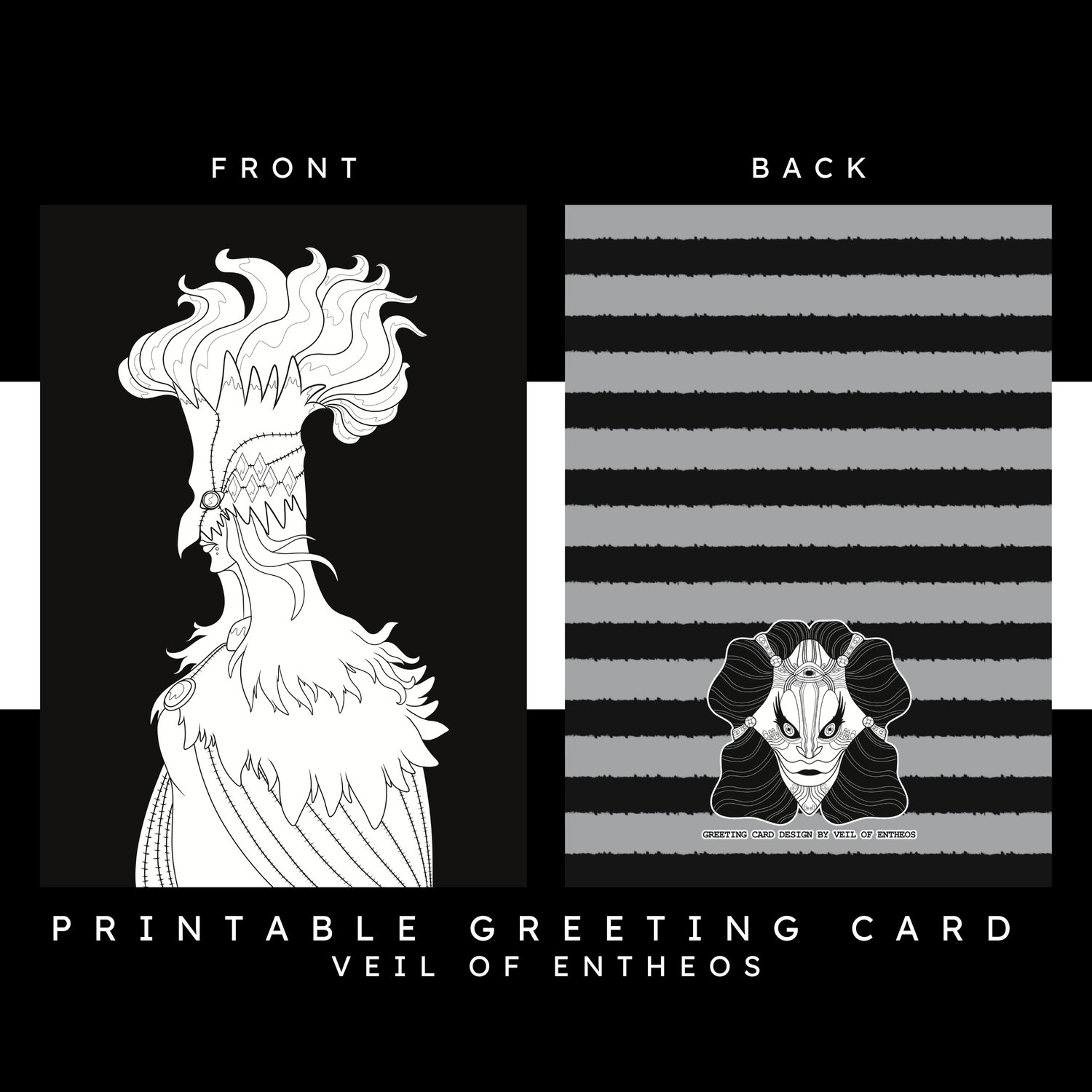 A printable greeting card by Veil of Entheos that features a woman that is dressed in a bird mask with flames coming out of the top, and fur cape.