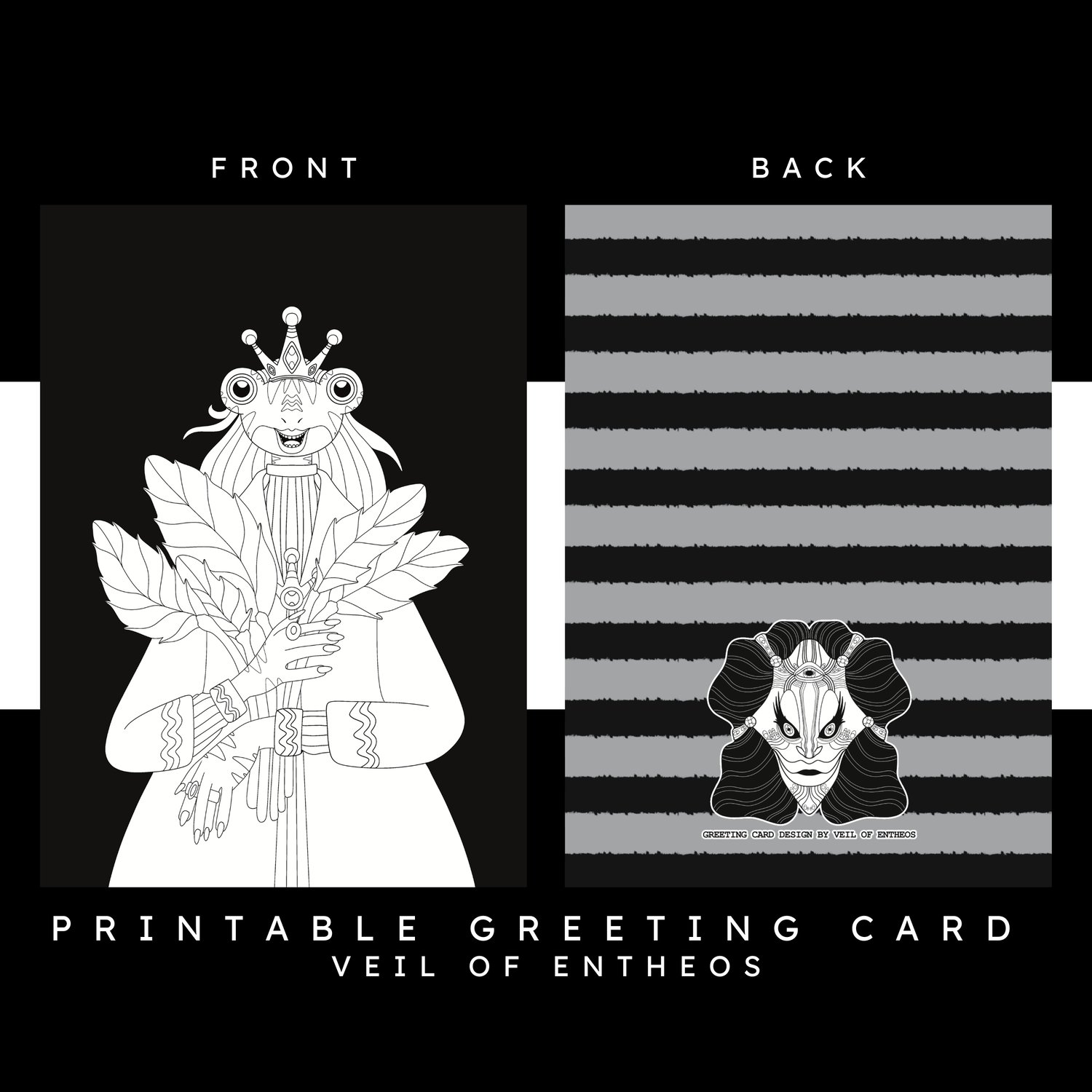 A printable greeting card by Veil of Entheos that features a frog anthro character holding a bunch of large plant leaves. The character is also wearing a crown and jacket.