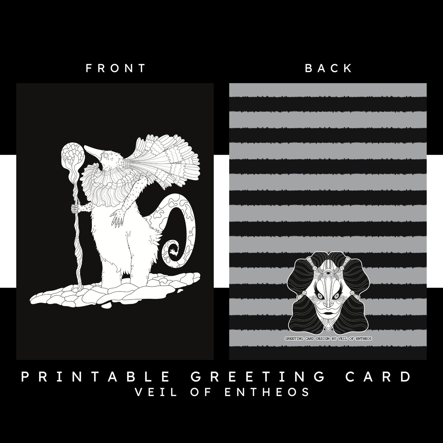 A printable greeting card by Veil of Entheos that features a monster with a mammal body, like a platypus, a long lizard tail, and is standing in water while holding a magical staff.