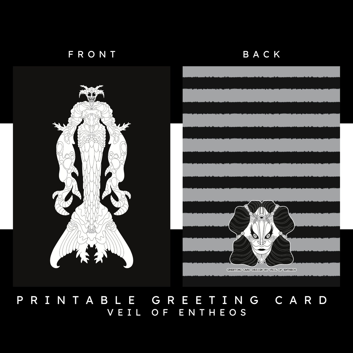A printable greeting card by Veil of Entheos that features a merman with long farms, and a strange tail. It also is covered in an organic body armor.