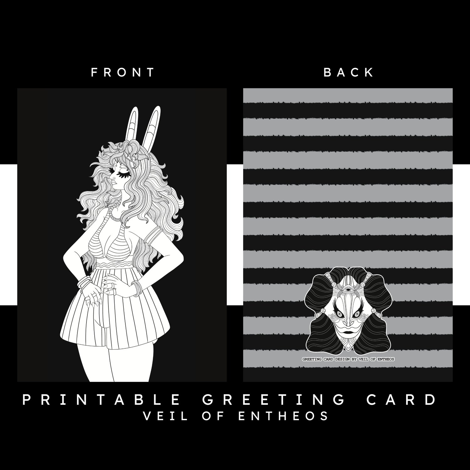 A printable greeting card by Veil of Entheos that features a rabbit anthro woman, with rabbit ears, a summer outfit, and long hair.