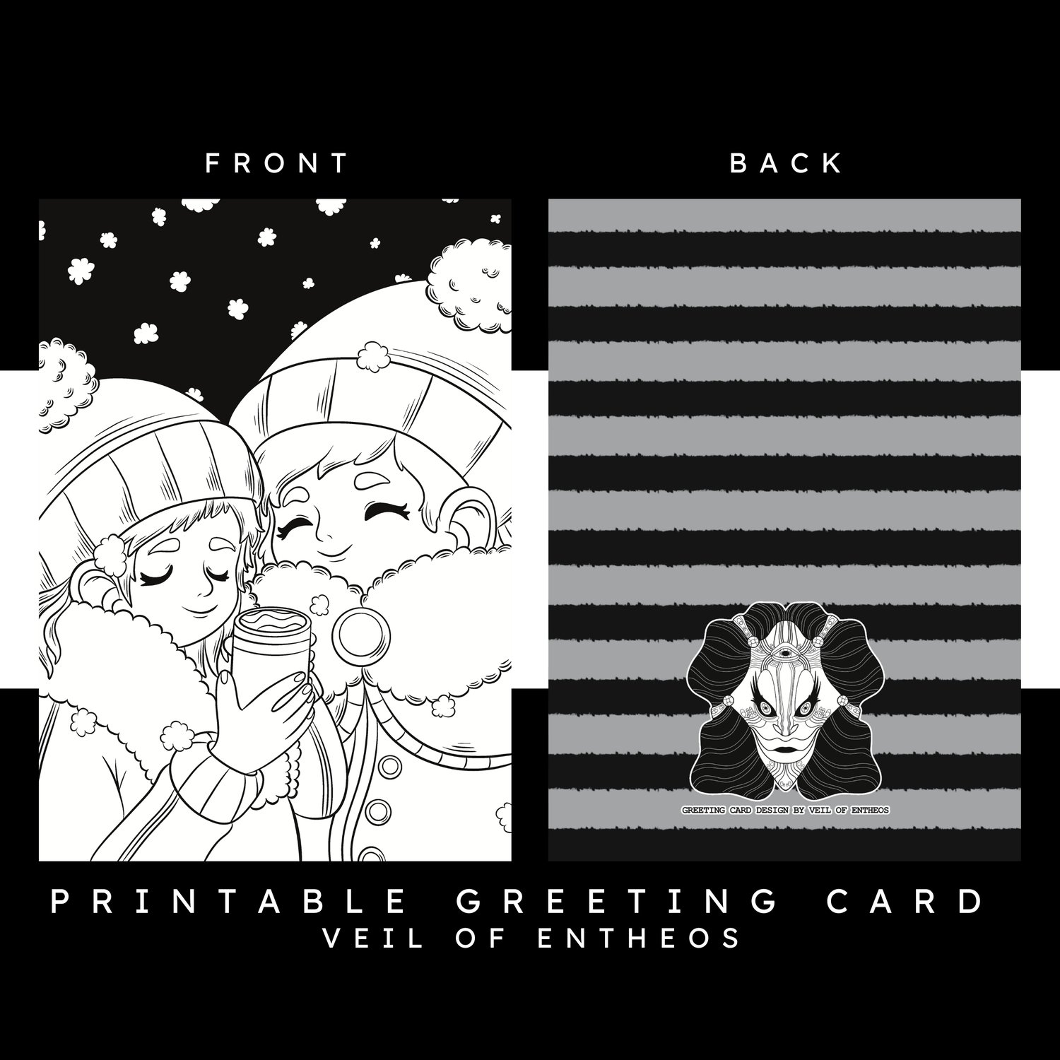 A printable greeting card by Veil of Entheos that features a happy couple standing outside in the snow, wearing winter outfits. One is male, the other female. And the woman is drinking a cup of coffee.