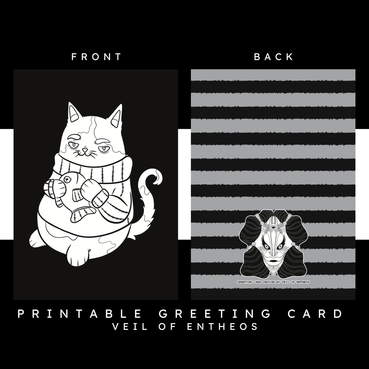 A printable greeting card by Veil of Entheos that features a cat wearing a sweater, that is holding a stuffed fish toy.