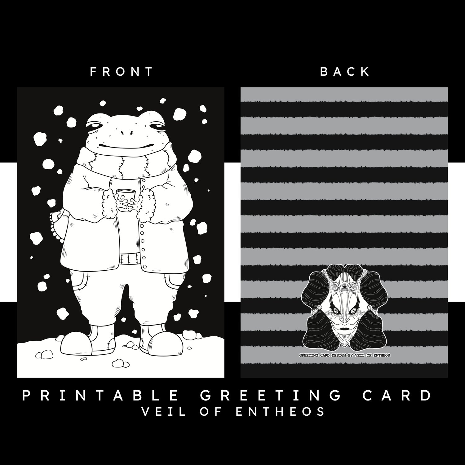 A printable greeting card by Veil of Entheos that features a frog holding a cup of coffee as it stand outside in the snow. It is wearing a winter outfit and scarf.