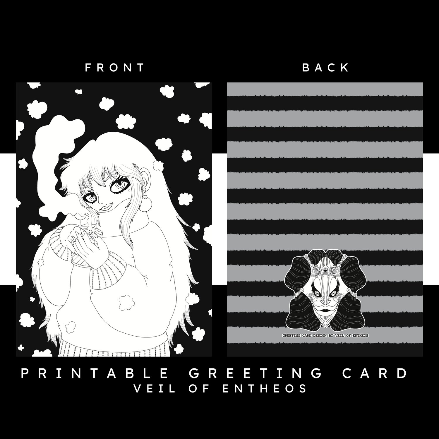 A printable greeting card by Veil of Entheos that features a woman drinking a cup of coffee. She is outside in the snow, wearing a winter outfit.