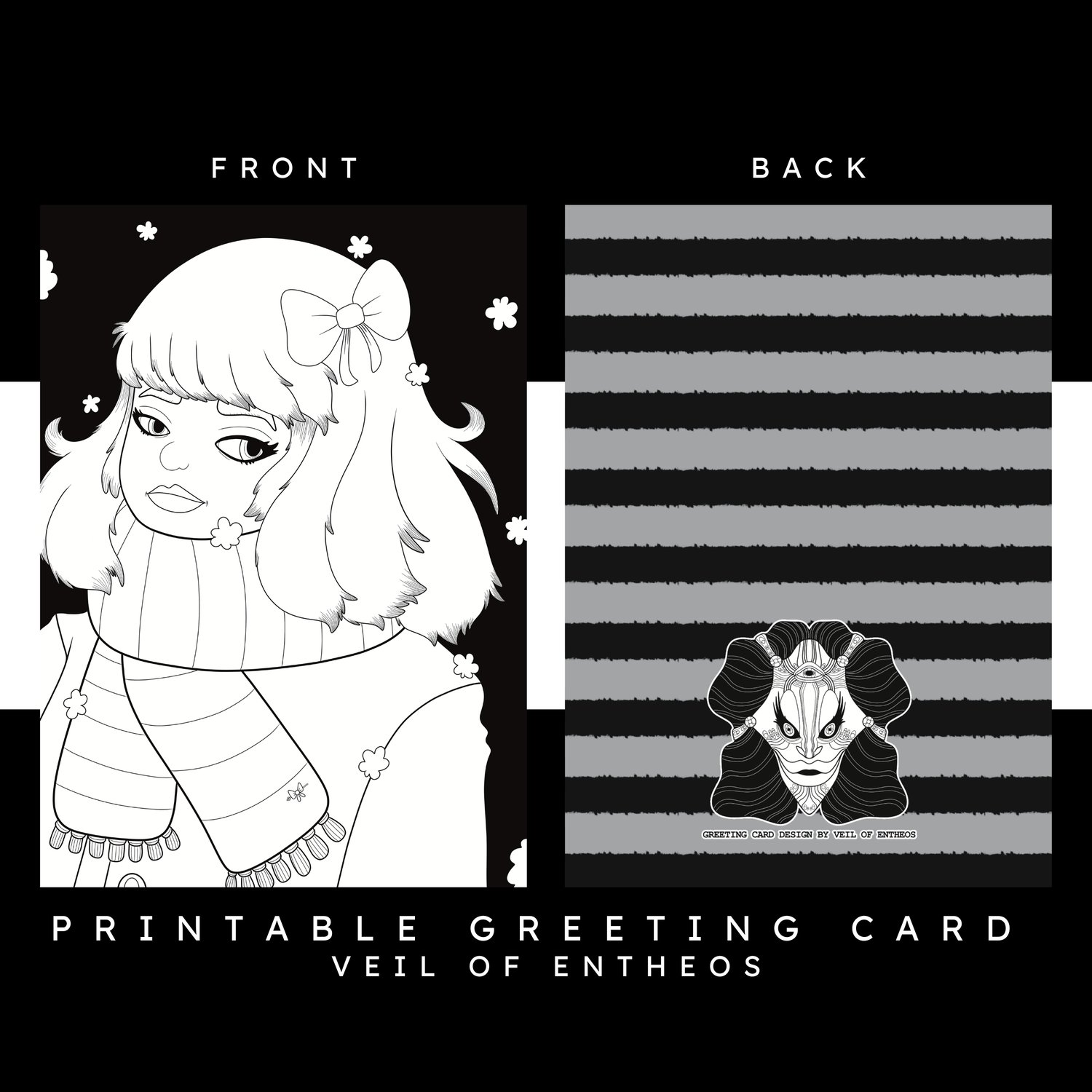 A printable greeting card by Veil of Entheos that features a young woman outside in the snow. She is wearing a winter jacket, scarf, and has a bow in her hair.