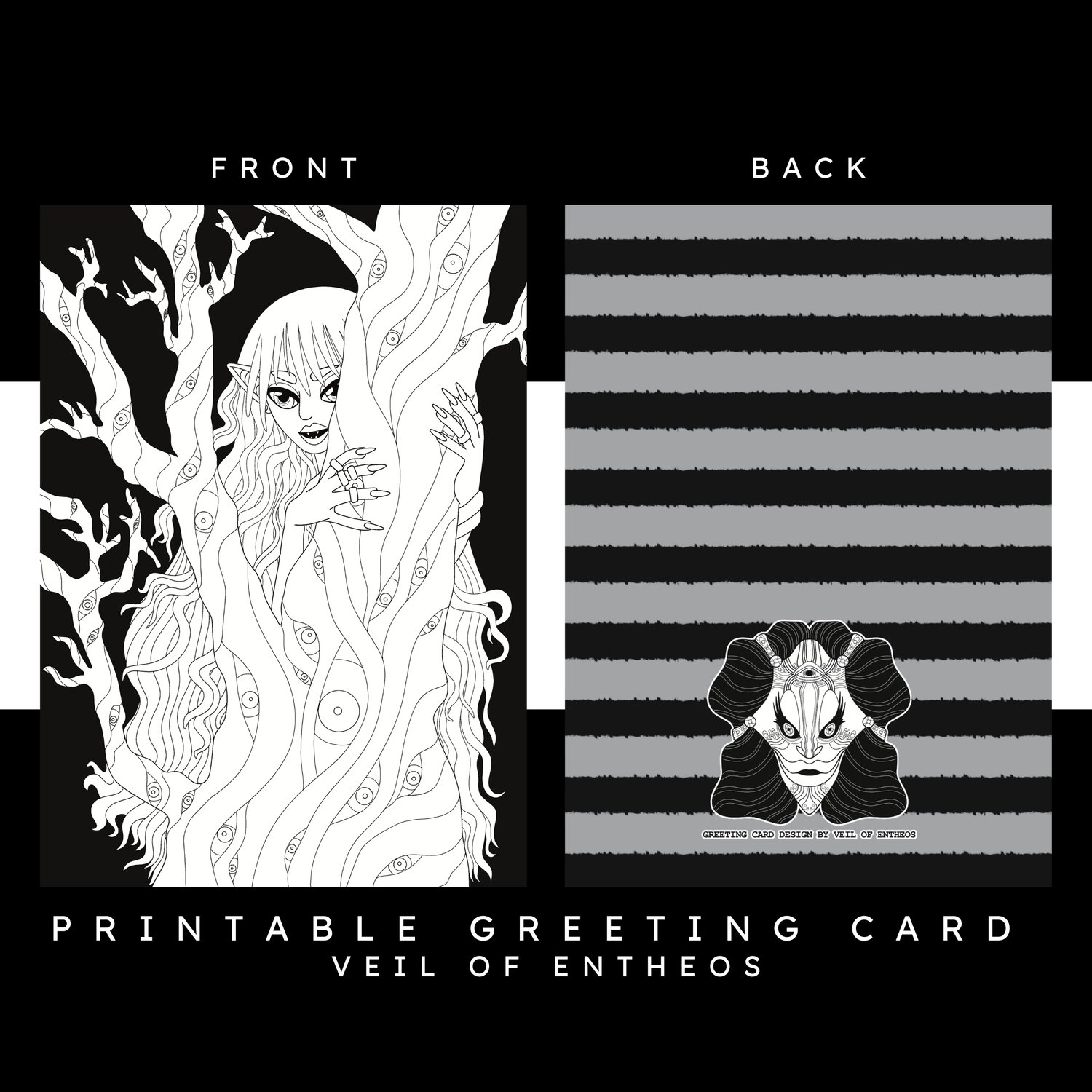 A printable greeting card by Veil of Entheos that features a vampire woman hiding behind a monster tree. The tree has multiple eyes on it.